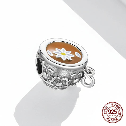 925 Sterling Silver Floral Teacup Charm Bead with Enamel for DIY Bracelet