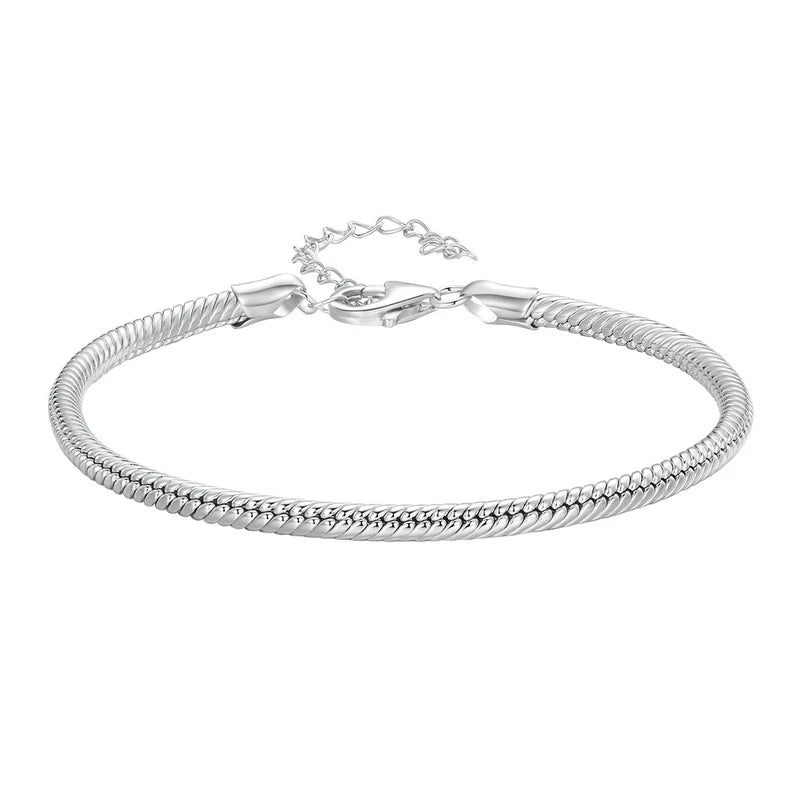 BAMOER 925 Sterling Silver Snake Chain Bracelet White Gold Plated Charm DIY