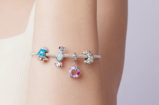 925 Sterling Silver Pink Donut Charm Bead with Zirconia for Women