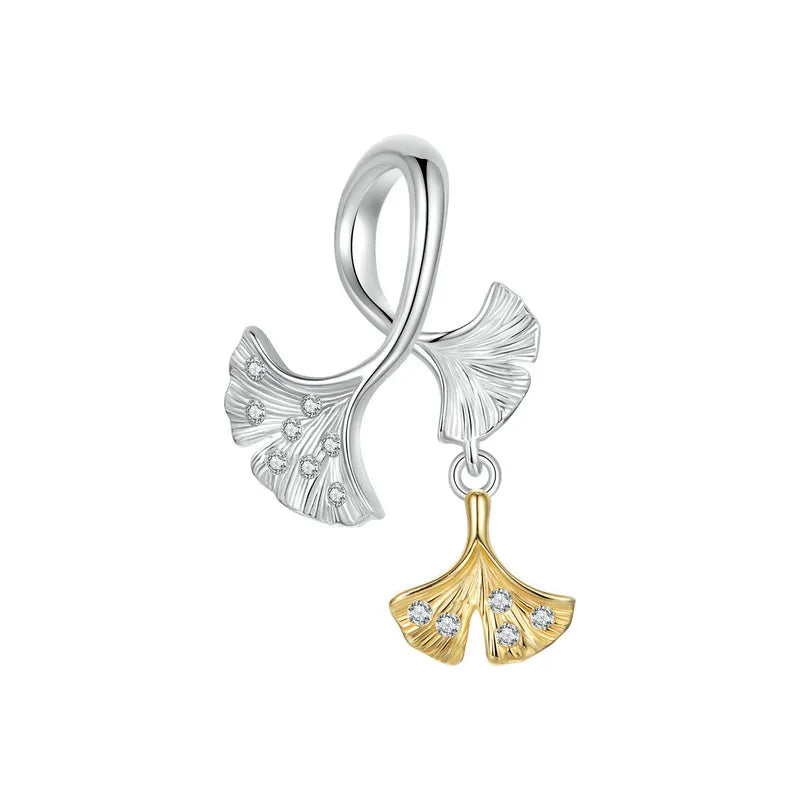 925 Sterling Silver Ginkgo Leaf Charm Bead with Zirconia for DIY Bracelet