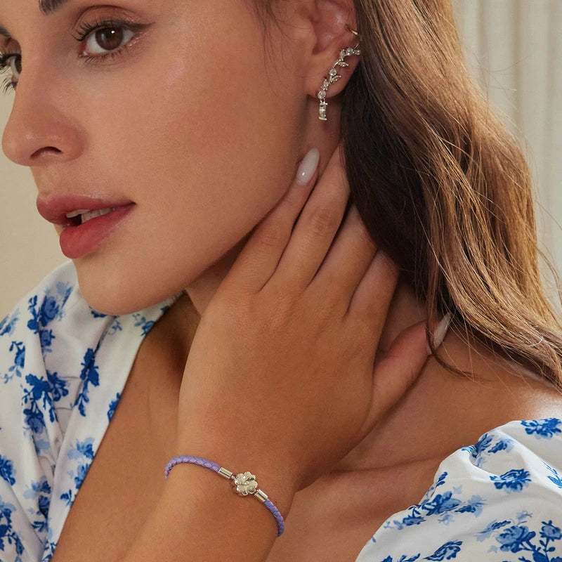 Bracciale Portafortuna in Argento 925 con Quadrifoglio e Vera Pelle a Tre Colori da Donna