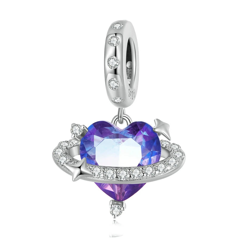 925 Sterling Silver Heart Charm Bead with Colorful Zirconia for DIY Bracelet