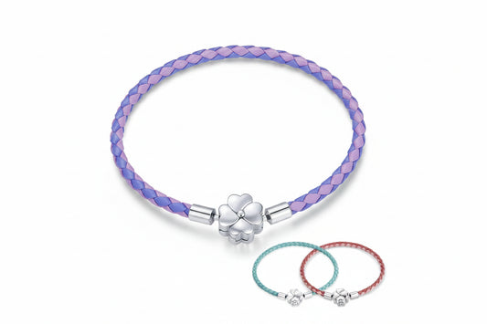 Bracciale Portafortuna in Argento 925 con Quadrifoglio e Vera Pelle a Tre Colori da Donna