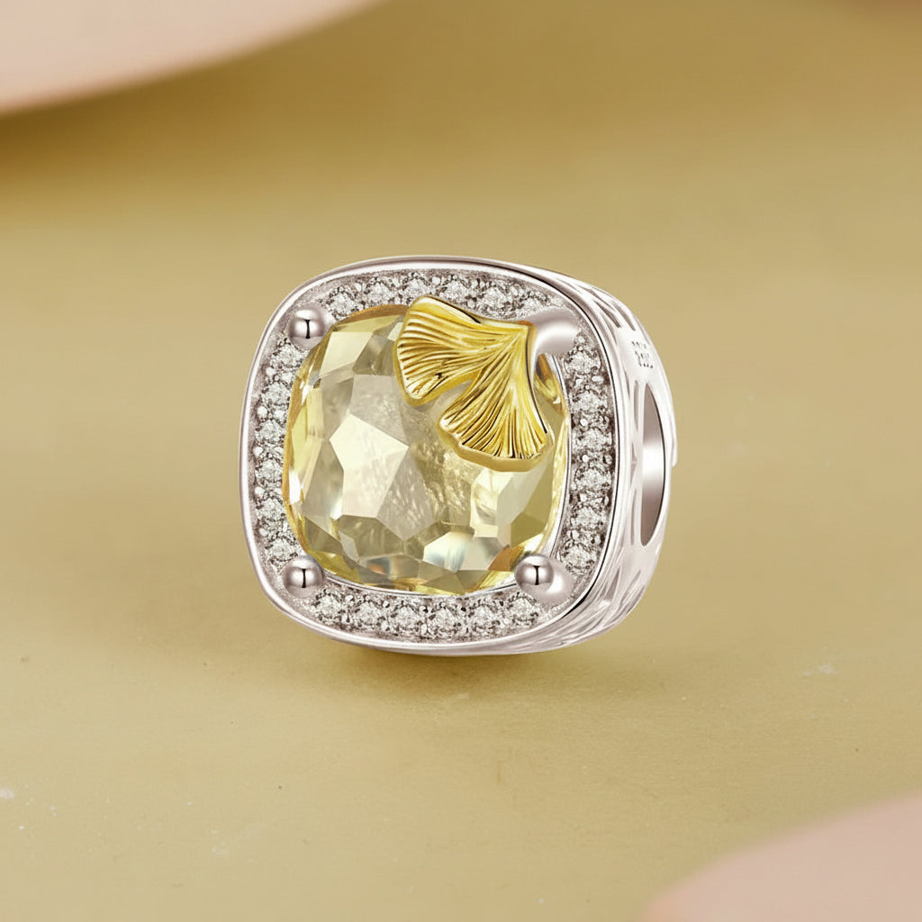 925 Sterling Silver Ginkgo Leaf Charm Bead with Zirconia for DIY Bracelet