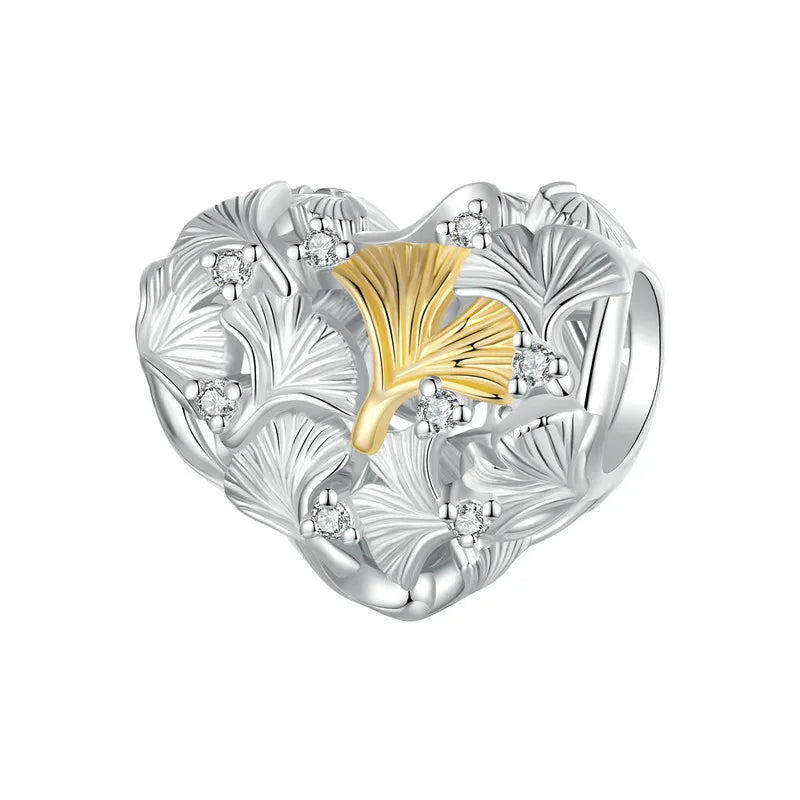 925 Sterling Silver Ginkgo Leaf Charm Bead with Zirconia for DIY Bracelet