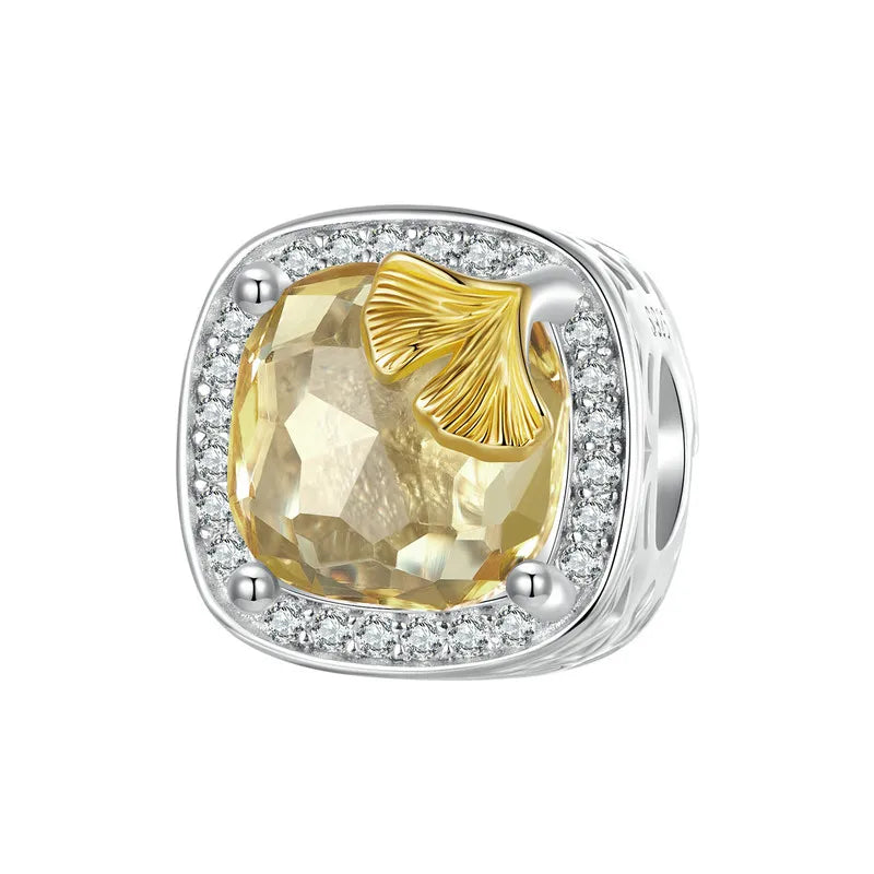 925 Sterling Silver Ginkgo Leaf Charm Bead with Zirconia for DIY Bracelet