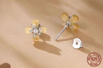 Orecchini a Bottone in Argento Sterling 925 con Cristallo a Forma di Osmanto Placcato Oro Bianco