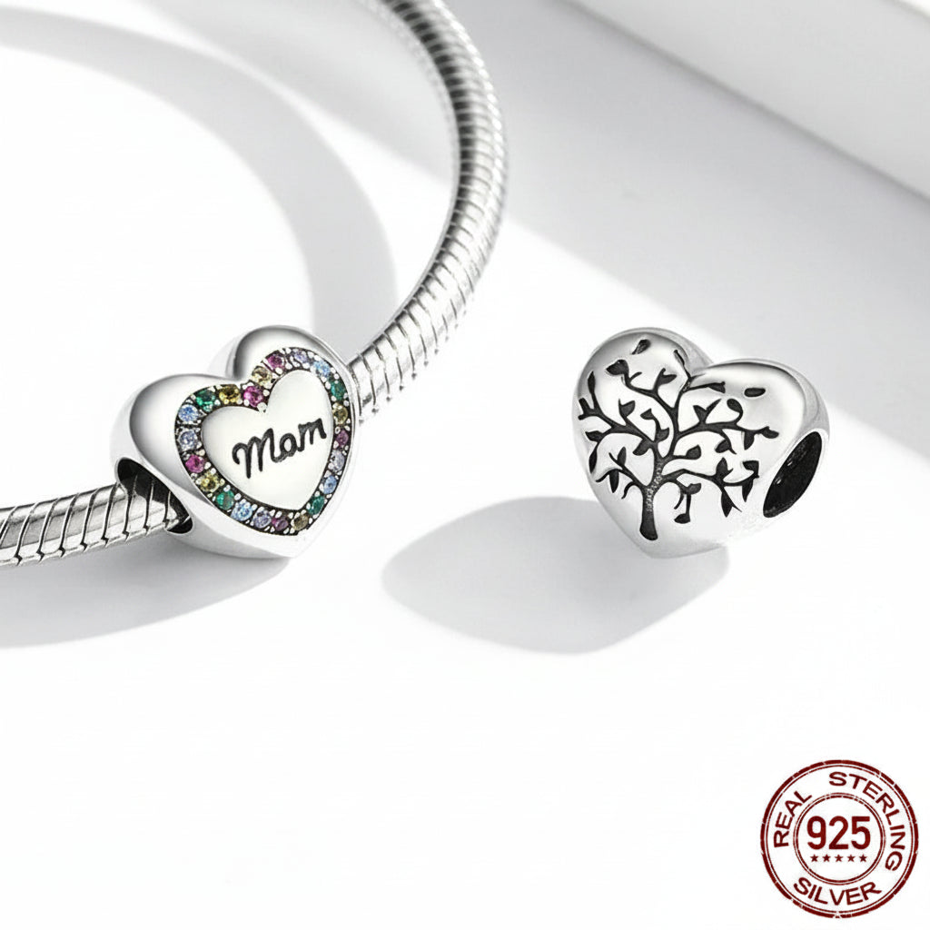 925 Sterling Silver Heart Charm Bead with Colorful Zirconia for DIY Bracelet