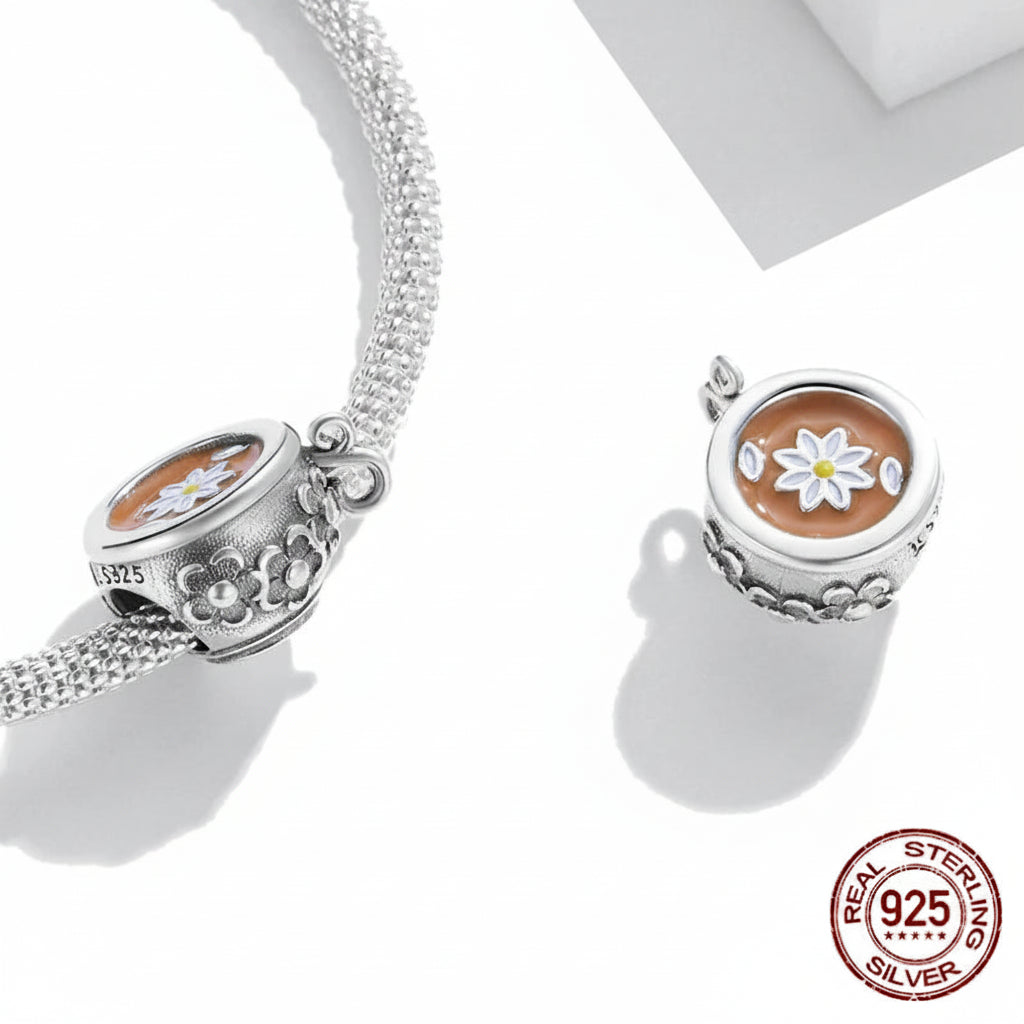 925 Sterling Silver Floral Teacup Charm Bead with Enamel for DIY Bracelet