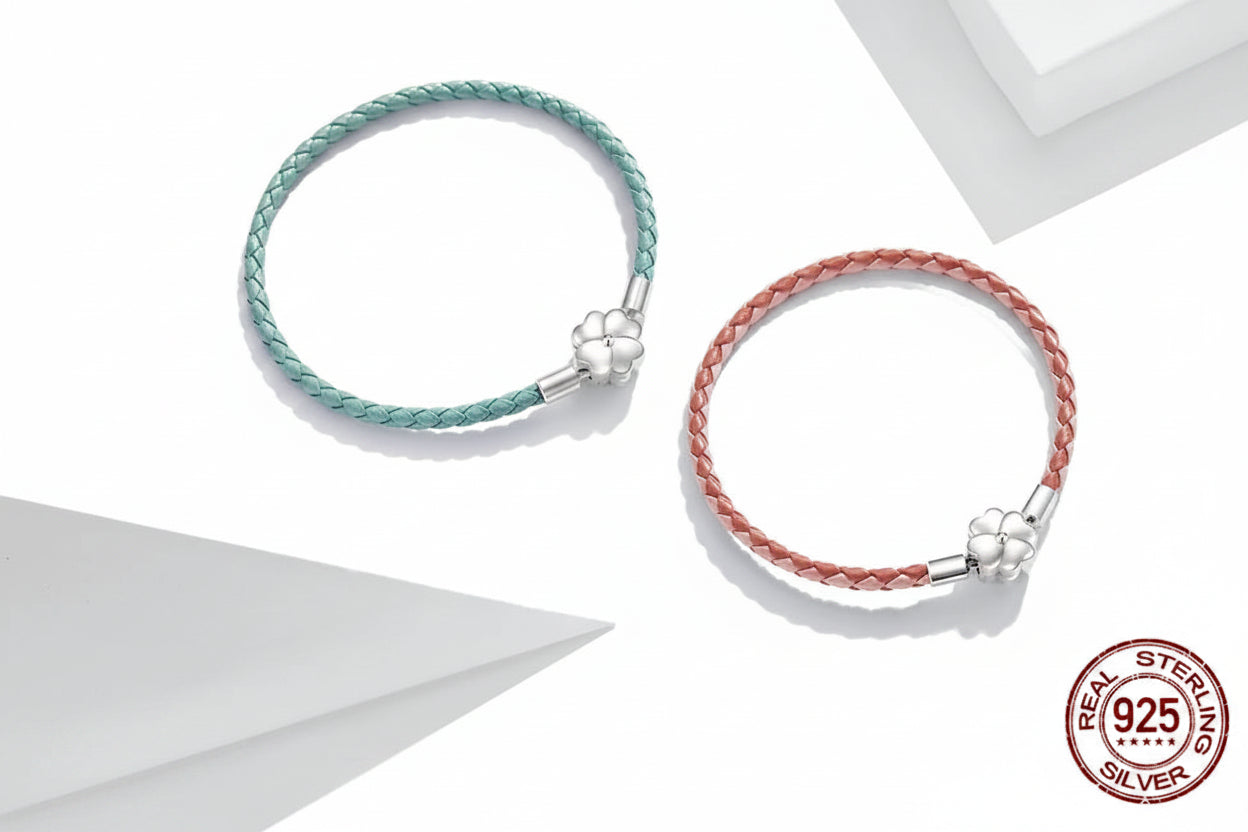 Bracciale Portafortuna in Argento 925 con Quadrifoglio e Vera Pelle a Tre Colori da Donna