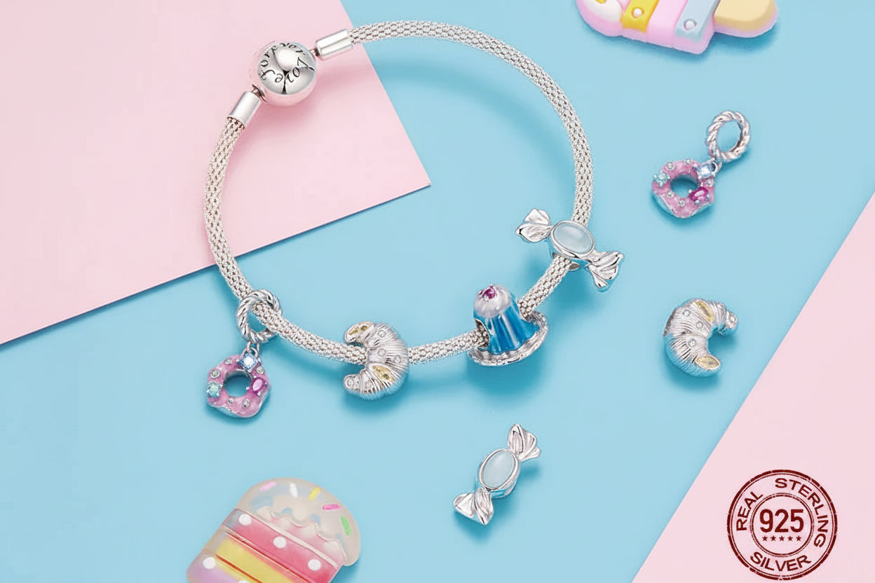 925 Sterling Silver Pink Donut Charm Bead with Zirconia for Women