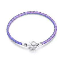 Bracciale Portafortuna in Argento 925 con Quadrifoglio e Vera Pelle a Tre Colori da Donna