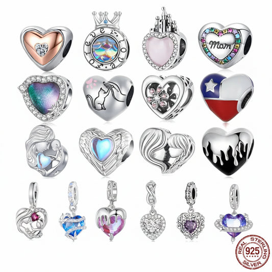 925 Sterling Silver Heart Charm Bead with Colorful Zirconia for DIY Bracelet