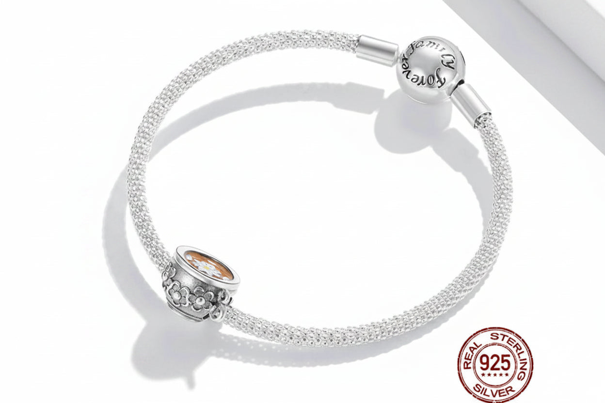 925 Sterling Silver Floral Teacup Charm Bead with Enamel for DIY Bracelet