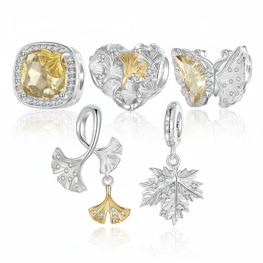 925 Sterling Silver Ginkgo Leaf Charm Bead with Zirconia for DIY Bracelet