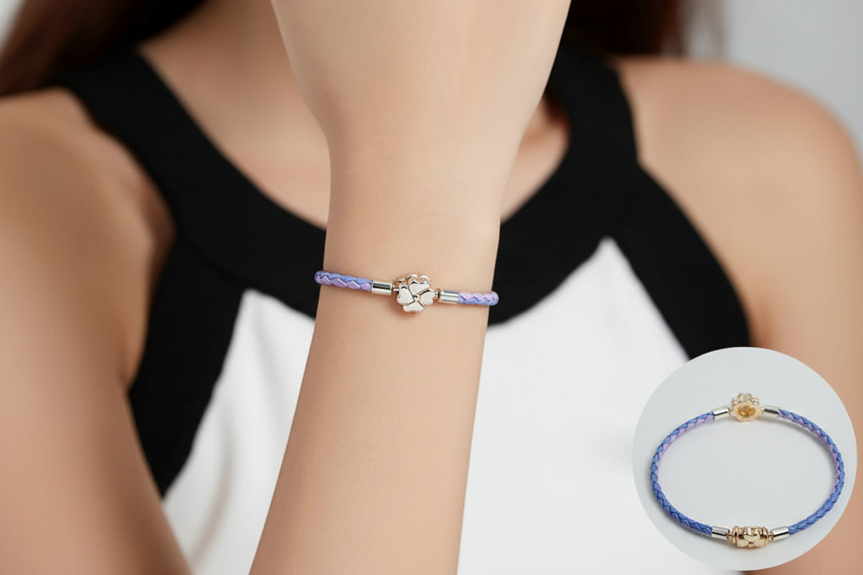 Bracciale Portafortuna in Argento 925 con Quadrifoglio e Vera Pelle a Tre Colori da Donna