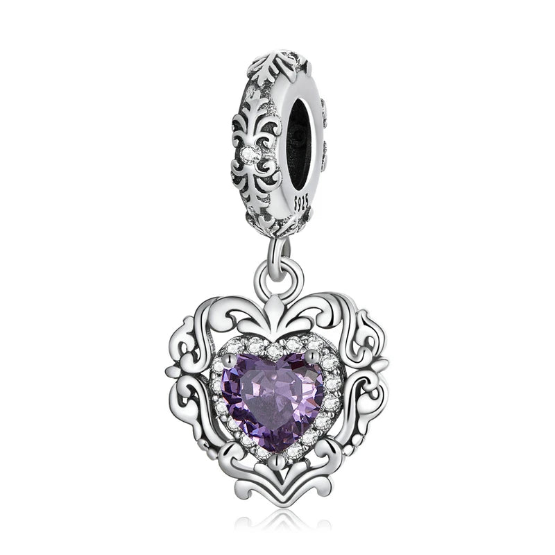 925 Sterling Silver Heart Charm Bead with Colorful Zirconia for DIY Bracelet
