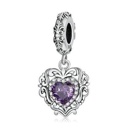 925 Sterling Silver Heart Charm Bead with Colorful Zirconia for DIY Bracelet