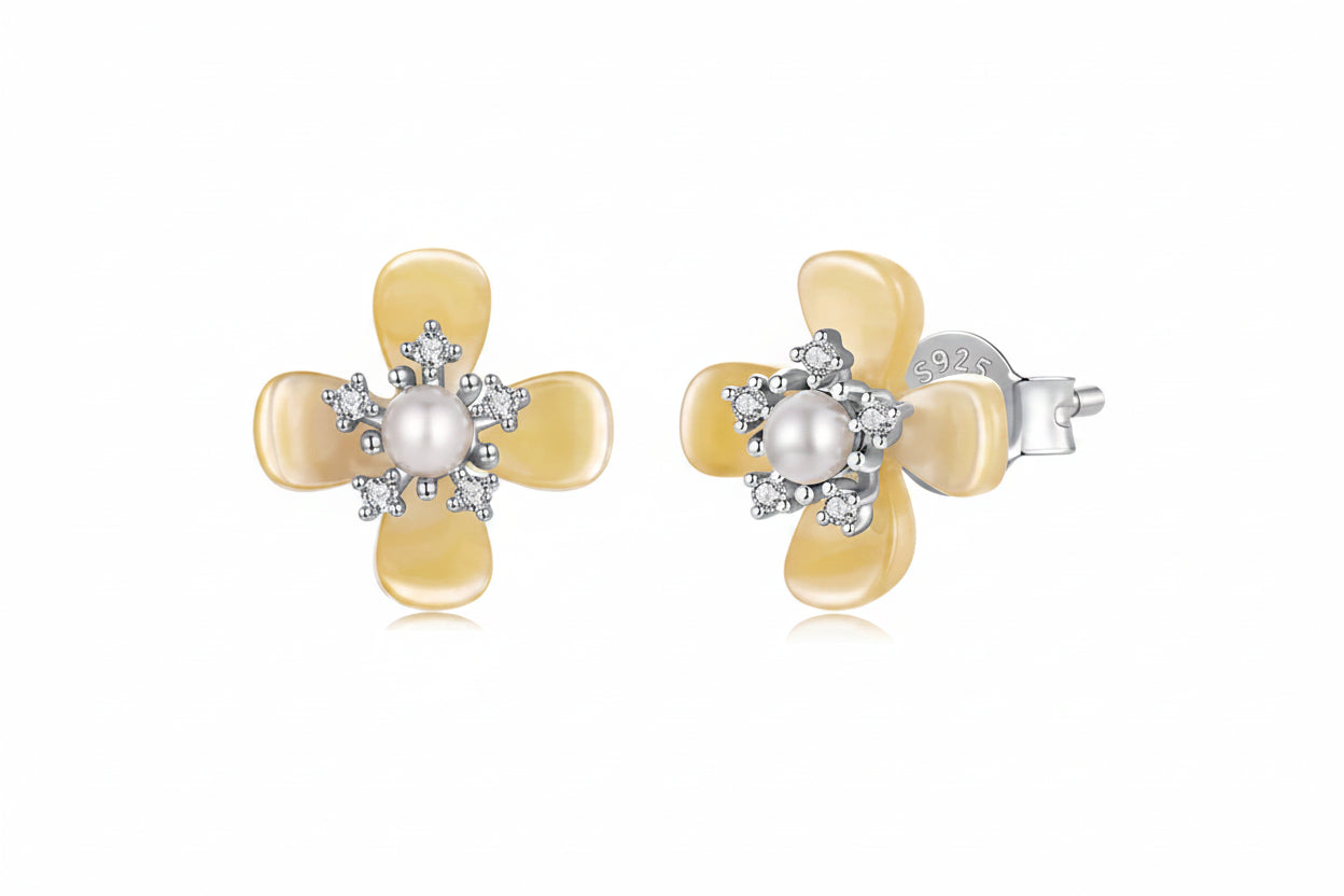 Orecchini a Bottone in Argento Sterling 925 con Cristallo a Forma di Osmanto Placcato Oro Bianco