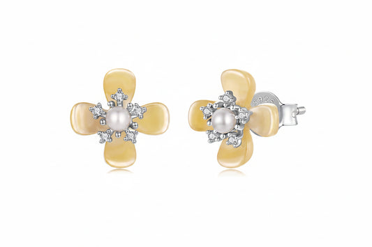 Orecchini a Bottone in Argento Sterling 925 con Cristallo a Forma di Osmanto Placcato Oro Bianco