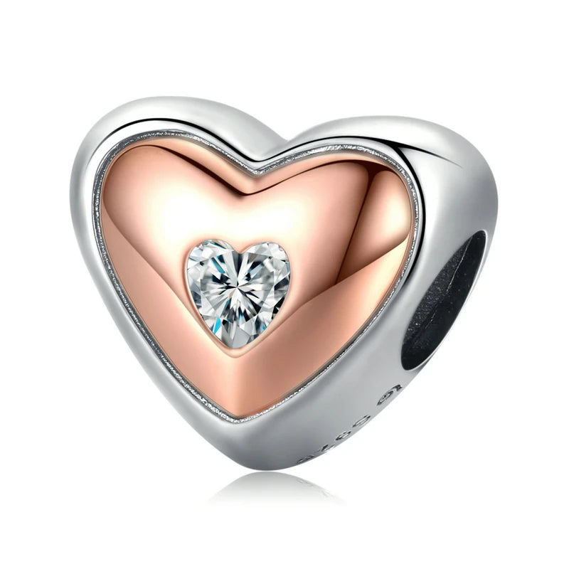 925 Sterling Silver Heart Charm Bead with Colorful Zirconia for DIY Bracelet