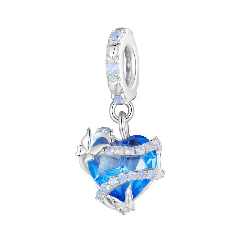 925 Sterling Silver Heart Charm Bead with Colorful Zirconia for DIY Bracelet
