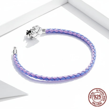 Bracciale Portafortuna in Argento 925 con Quadrifoglio e Vera Pelle a Tre Colori da Donna