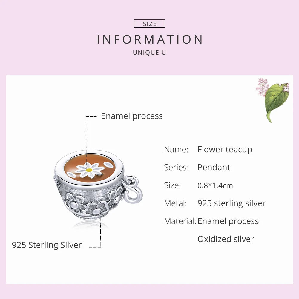 925 Sterling Silver Floral Teacup Charm Bead with Enamel for DIY Bracelet