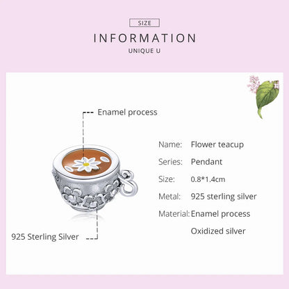 925 Sterling Silver Floral Teacup Charm Bead with Enamel for DIY Bracelet