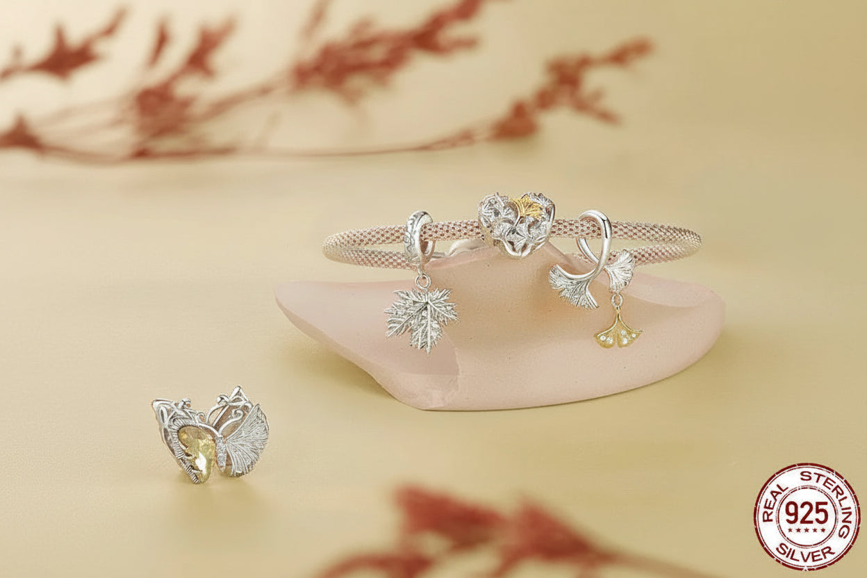 925 Sterling Silver Ginkgo Leaf Charm Bead with Zirconia for DIY Bracelet
