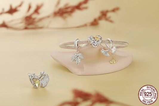 925 Sterling Silver Ginkgo Leaf Charm Bead with Zirconia for DIY Bracelet