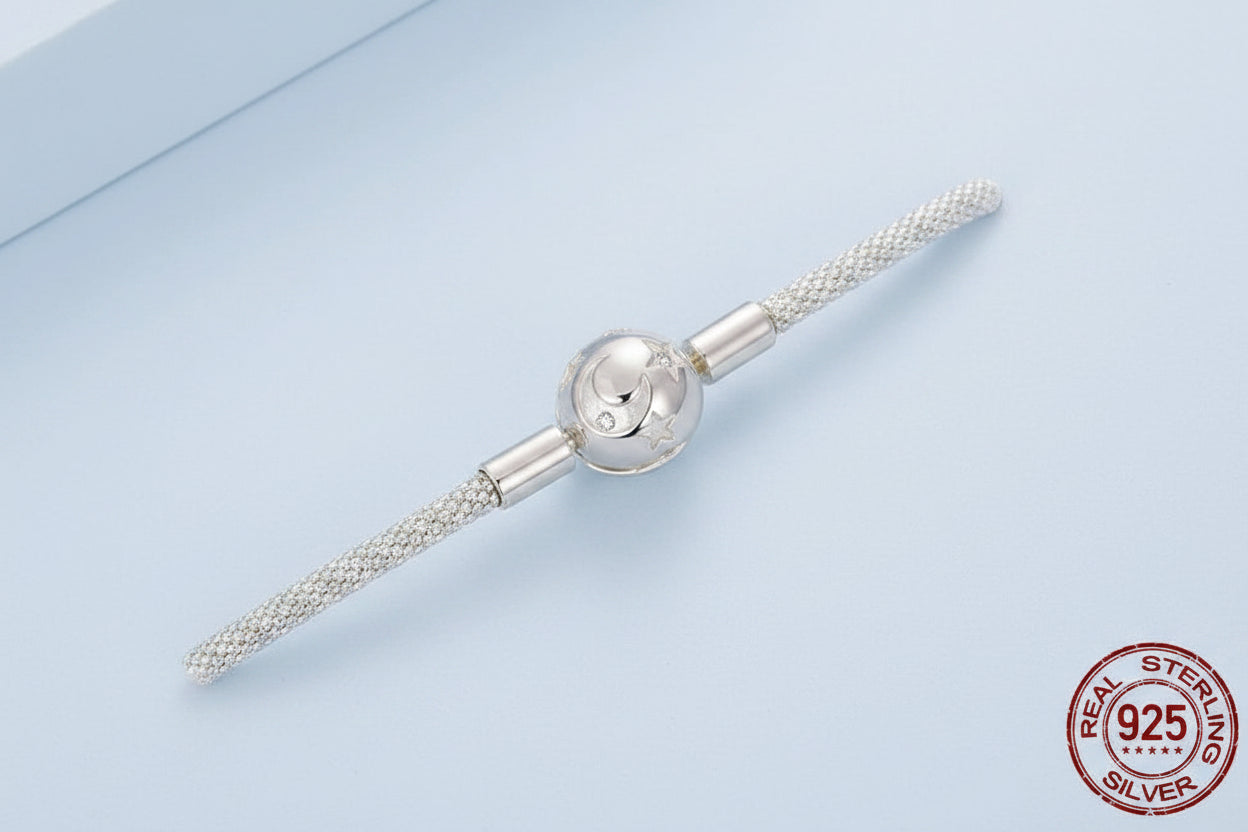 925 Sterling Silver Moon and Stars Charm Bracelet for Women