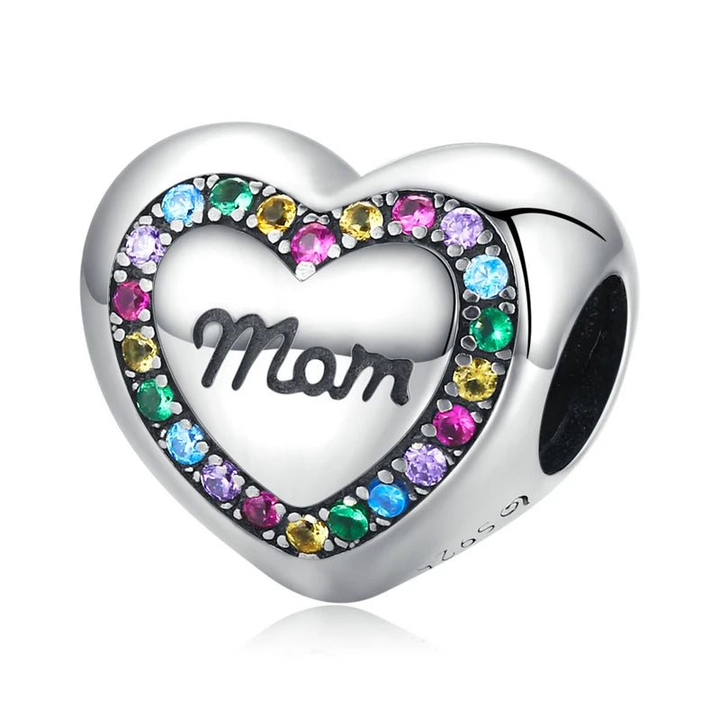 925 Sterling Silver Heart Charm Bead with Colorful Zirconia for DIY Bracelet