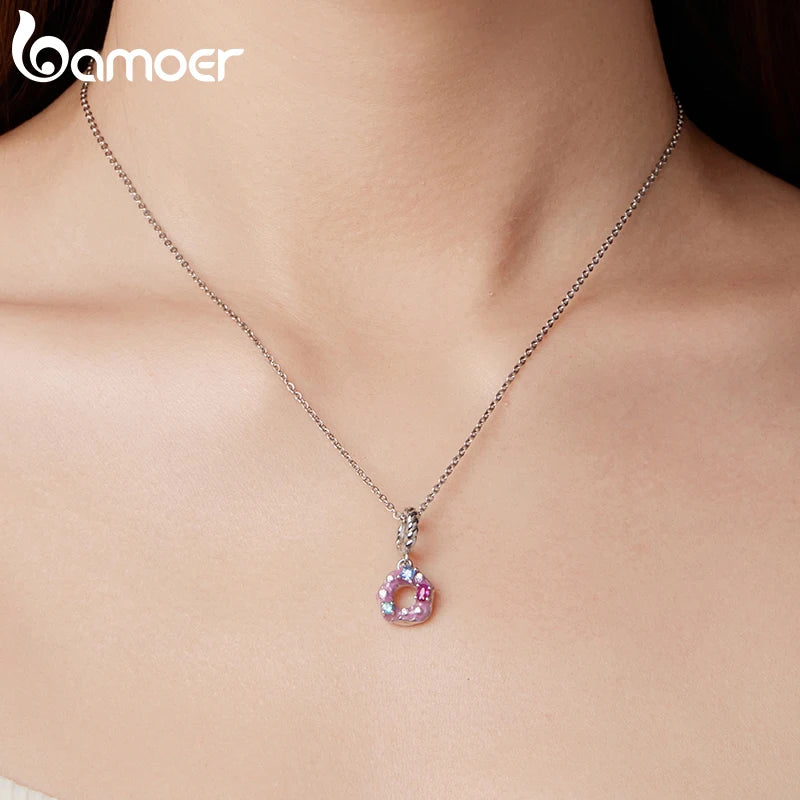 925 Sterling Silver Pink Donut Charm Bead with Zirconia for Women